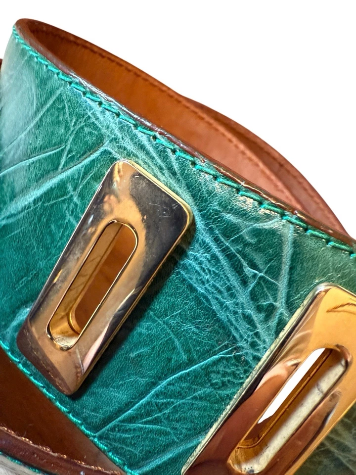 Cinturón Vintage Ancho Cocodrilo Verde Cuero Repujado Herrajes Dorados Estampado 1902 46 Foto 3 de 4