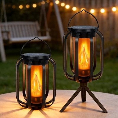 2 Pack Solar Lantern Lights Outdoor Waterproof Flickering Flame