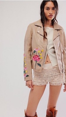 Free People Mauritius Leather Peonie Jacket Hood Moto Floral Light Biege 10 NWT