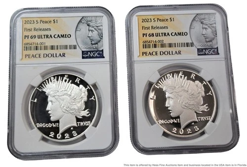 Fine Silver Peace Dollar Coin 2023 PF69 PF68 Ultra Cameo NGC First Releases 2 pc