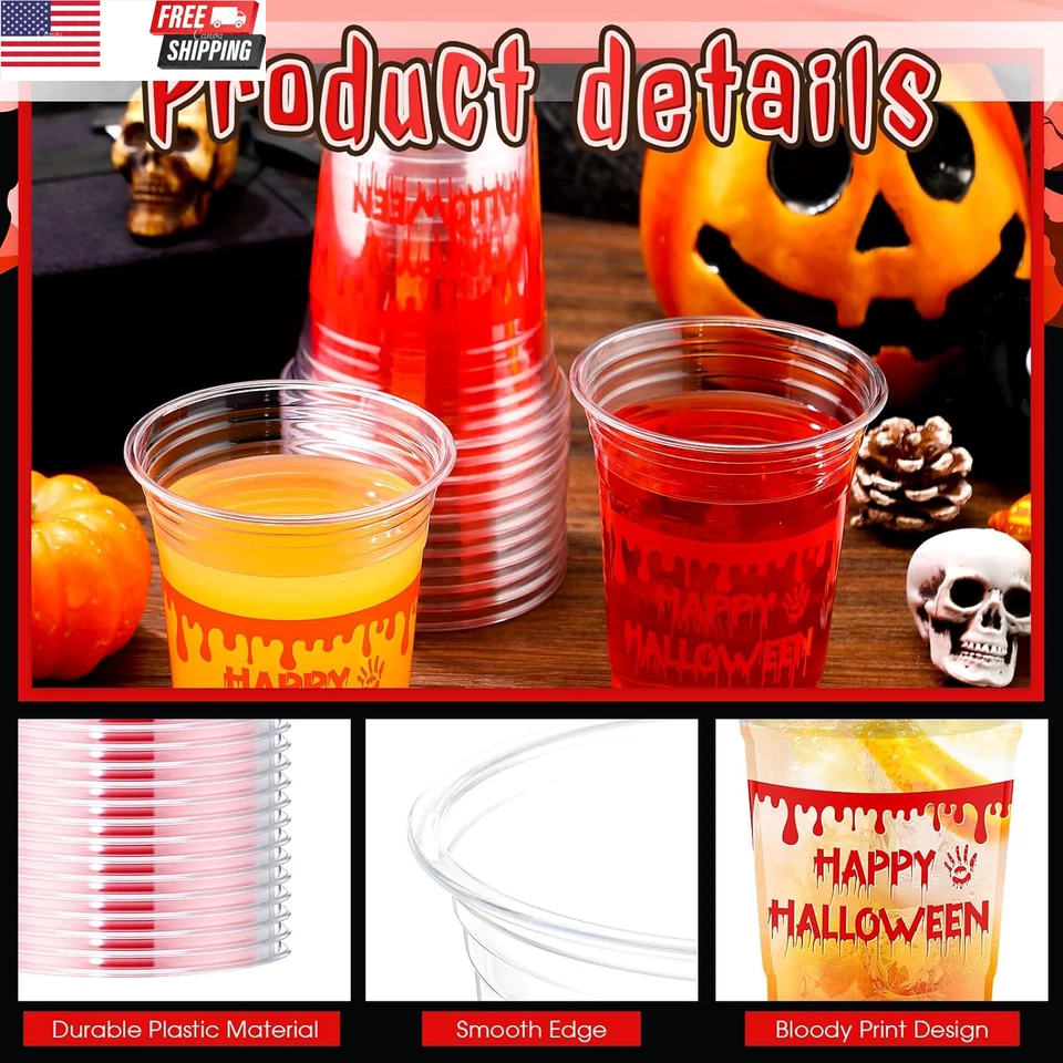 100 piezas tazas de plástico de Halloween 16 OZ transparentes desechables con impresión de sangre tazas de Halloween Foto 3 de 4