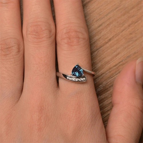Trillion Cut Simulated Blue Sapphire Engagement Ring In 14k White Gold Plated - Picture 4 of 5