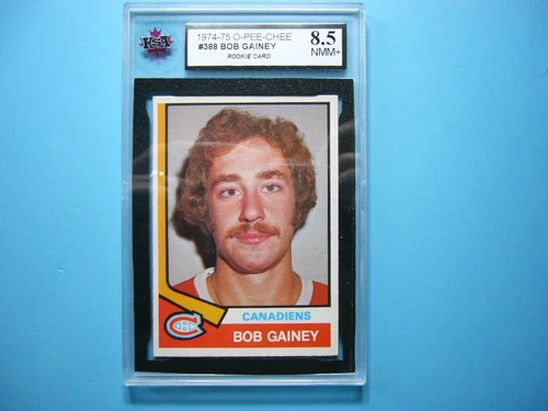 1974/75 O-PEE-CHEE NHL HOCKEY CARD #388 BOB GAINEY ROOKIE KSA 8.5 NGM SHARP+ OPC