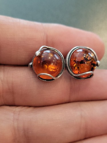 BRILLIANT VINTAGE 925 STERLING SILVER GENUINE AMBER EARINGS - Picture 5 of 14