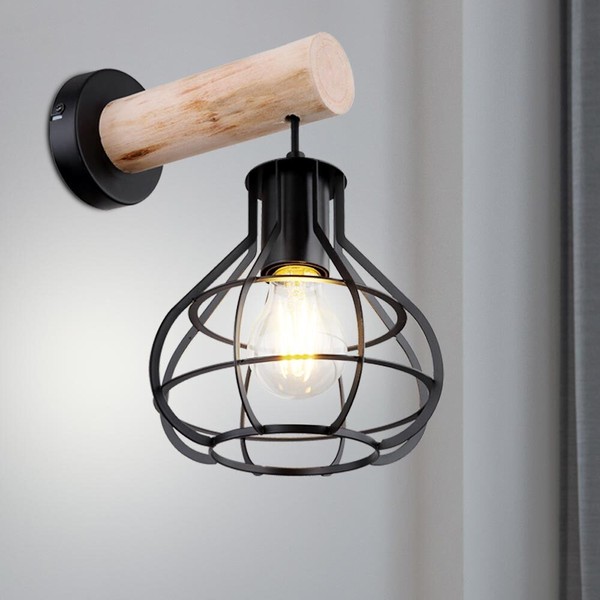 Vintage KäFig Wand Strahler Wohn Zimmer Dielen Leuchte Gitter Holz Lampe Schwarz-image