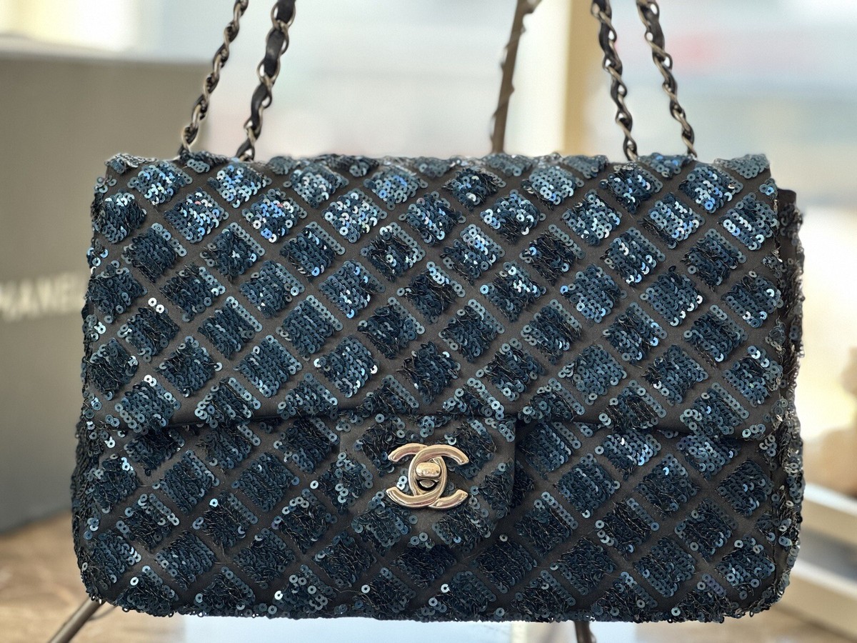 Mint Chanel Large Single Flap Navy Blue Quilted Design W