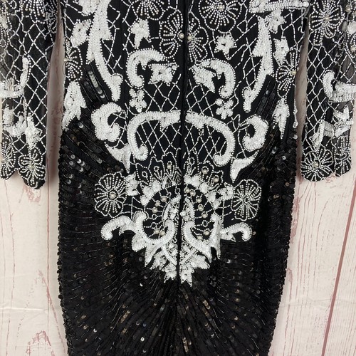 Vintage 80s Size 8 10 American Nights Glass Beaded Sequin Midi Dress Long Sleeve - Picture 17 of 18