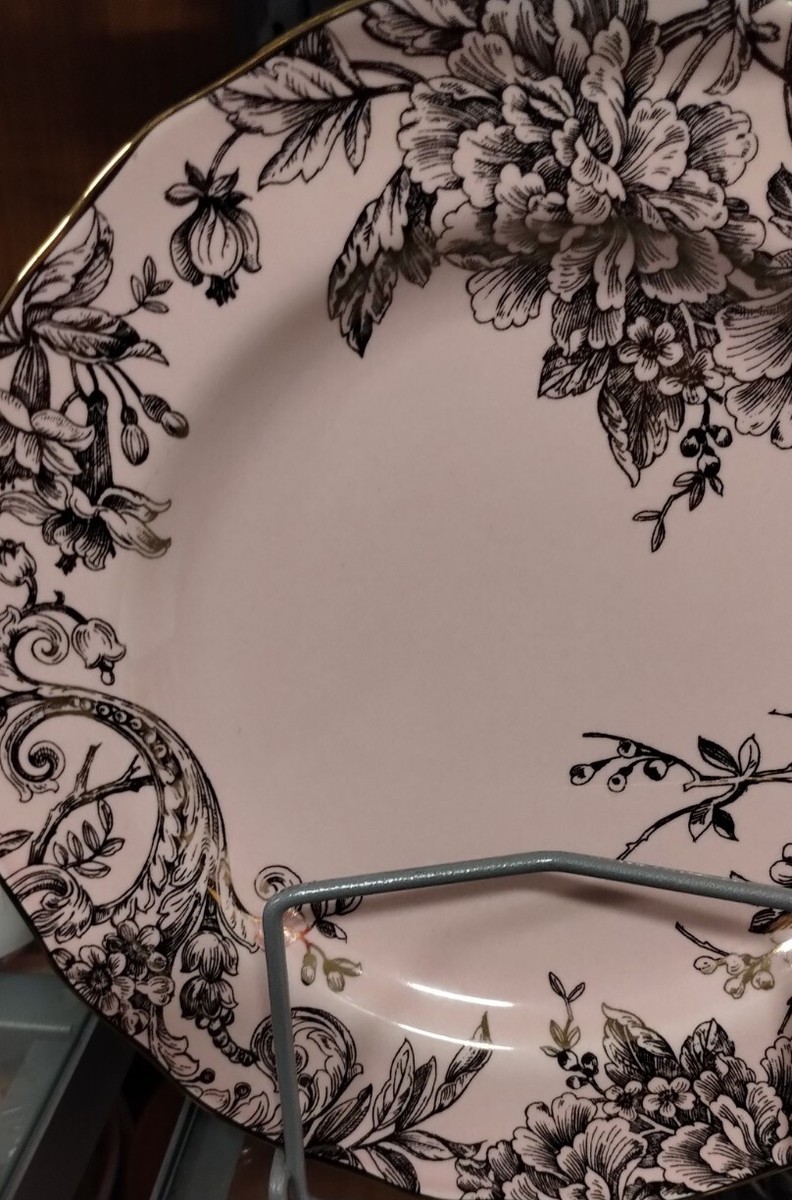 222 Fifth s/ 4 ADELAIDE DINNER PLATES PINK GOLD Toile Bird Paisley