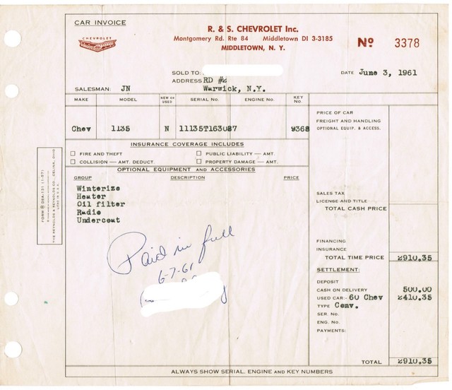1961 Chevrolet new car dealer invoice eBay