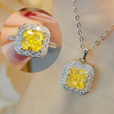 3pc Set Shinny Ice Flower Cut Yellow Citrine Gems Silver Women Necklace Earring