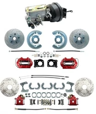 Front & Rear Mustang 1964-66 Power Disc Brakes, Drilled Rotors & RED Calipers