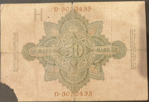 Banknote - 1910 Germany 50 Marks P#41 circulated, underprint 'H', Germania (obv) - Picture 2 of 2