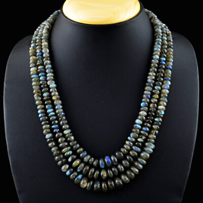 574.00 Cts Earth Mined 3 Strand Labradorite Rondelle Beaded Necklace JK 51KY6
