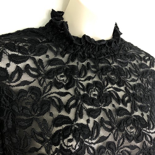 Cue sheer stretch lace top size 10 black long sleeve ruffle collar NO SLIP - Picture 4 of 9