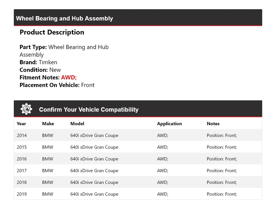 Conjunto de cojinete de rueda y buje delantero Timken para BMW 640i xDrive Gran Coupé 14-19 Foto 2 de 4