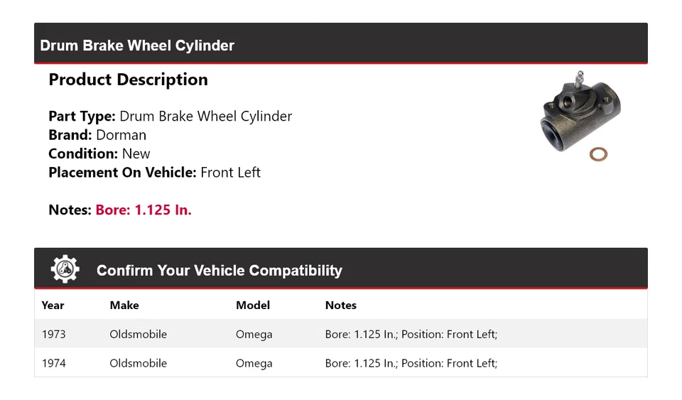 Cilindro de rueda de freno de tambor delantero izquierdo Oldsmobile Omega Dorman 1973-1974 Foto 2 de 4