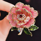 Gold Pink Peony Crystal Flower Brooch Enamel Rhinestone Pin Summer Jewelry Gift