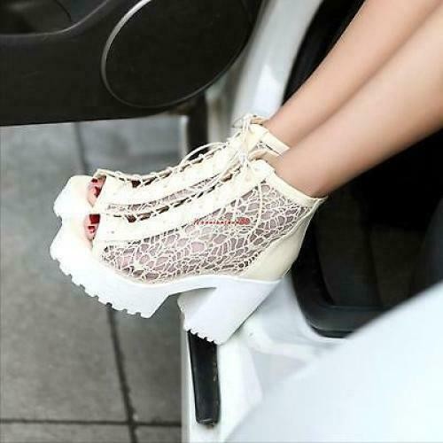 Damen-Sandalen Blockabsatz Plateau offene Zehenpartie Reißverschluss Netz Schnürschuhe Bootie - Bild 13 von 13