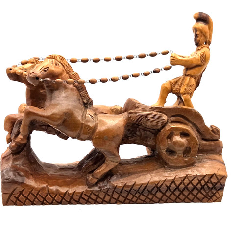 Roman Chariot With Horses Hand Carved Wooden Sculpture - Israel 1979