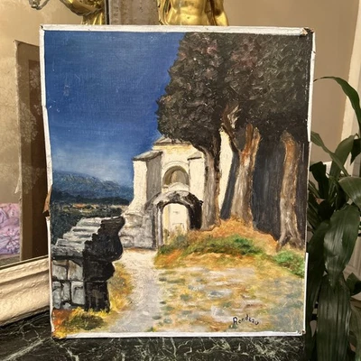 Tableau Huile sur panneau ancienne signée PAYSAGE décoration vintage peinture - Photo 1/4