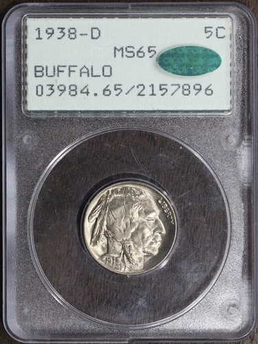 1938-D (MS65 CAC) Buffalo Nickel 5C PCGS Rattler - Gem Old Holder
