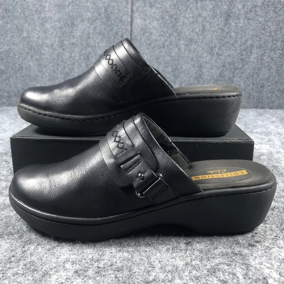 Clarks Collection Zapatos Mujer Talla 7 M Negro Sin Cordones Zueco Mules Cómodo Cuña Foto 3 de 4