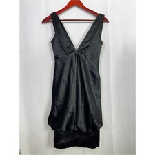 A.B.S. Satin Bubble Mini Dress Black Cocktail Luxury Drape 0 Womens V-Neck Slip