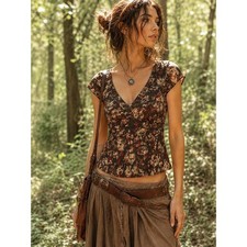 VTG Y2k 90s Women's Babydoll Top V-Neck Brown Layered Fairy Boho Sz 4
