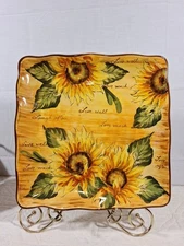 PLATTER/SERVING DISH Ceramic Sunflowers W/Writing Ruffled Edge- Hand Painted