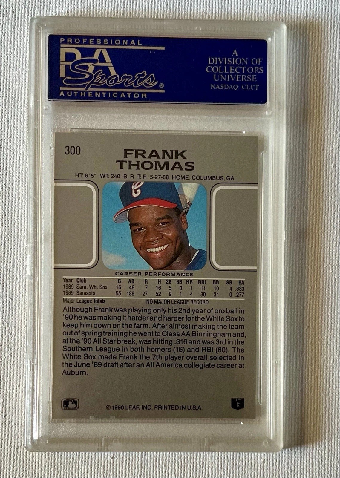 1990 Leaf #300 Frank Thomas Rookie Card PSA Gem Mint 10 Chicago White Sox view 2