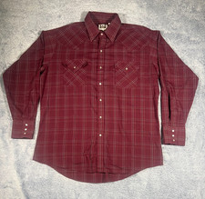Ely Cattleman Long Sleeve Shirt Burgundy Plaid Pearl Snaps Pockets EUC
