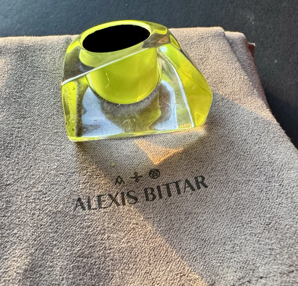 Anillo de declaración geométrica Alexis Bittar Lucite amarillo neón verde talla 7,5 RARO  Foto 3 de 4