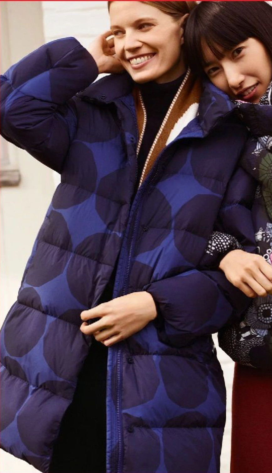 RARE Uniqlo Marimekko Ultra-Light Down Cocoon Jacket Navy Blue Dots NWT_size L thumbnail 2