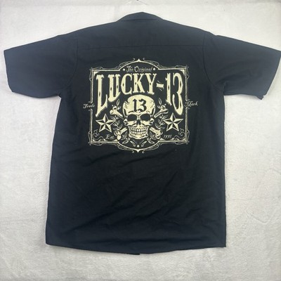 Red Kap Lucky 13 Apparel Black Button Up Short Sleeve Collared Shirt Men's LG
