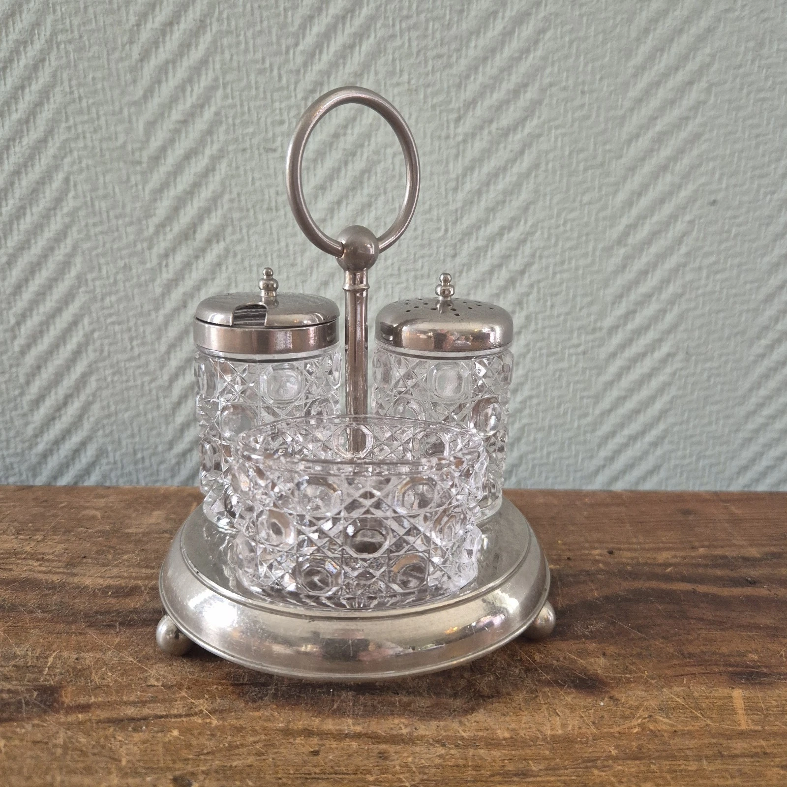 Vintage Holder with set of 3 glass spice jars Salt, Pepper, Mustard