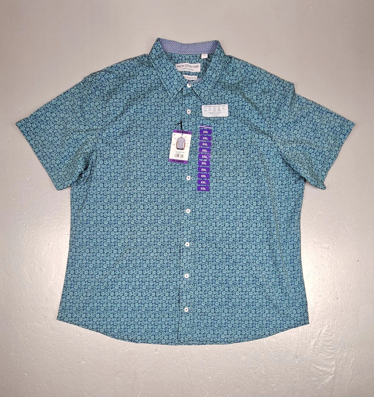 Nick Graham Button Up Shirt Mens 2XL Stretch Modern Fit Green Floral Print SS