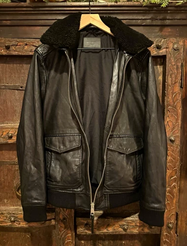 AllSaints Men's Black Shesrling Leather Bomber Jacket Spread Collar Pockets L - product listing photo