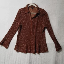East 5th Shirt Womens Large Red Brown Leaf Print Button Up Pleated Stretch Top
