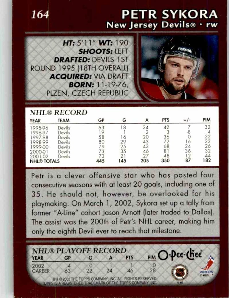 2002-03 O-Pee-Chee Petr Sykora #164 - Image 2 of 2