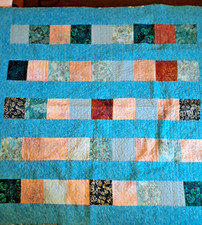 Handmade Modern Quilt Batik Prints Turquoise Channel Stitching 53x56 Throw