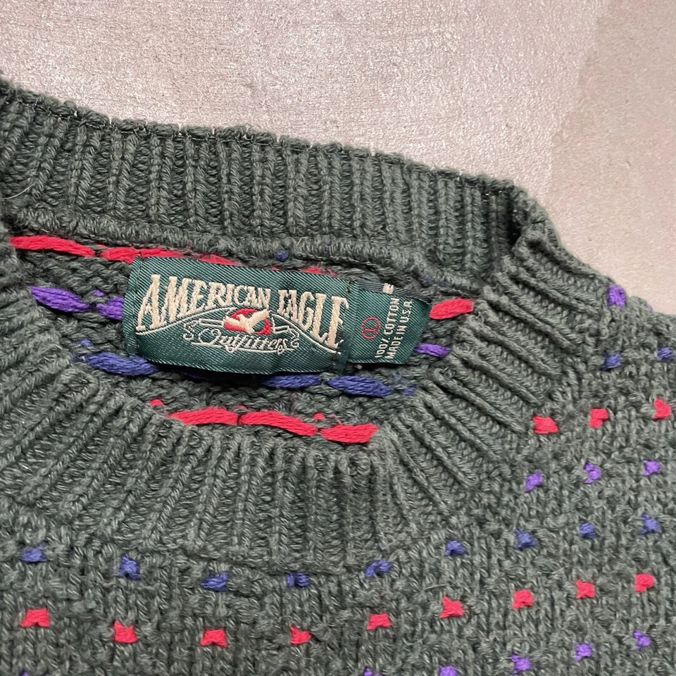 Suéter Vintage American Eagle Birdseye L Hecho en EE. UU. Outfitters Años 90 Rojo Azul Foto 3 de 4