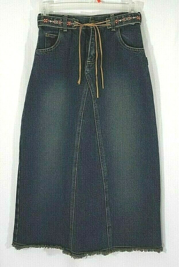 GENUINE GIRL Blue Denim Dark Wash Long Skirt Slit FANCY