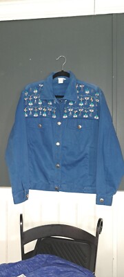 Neiman Marcus Jacket Womens Medium Beaded Blue Embellish Trucker vintage.. NICE!