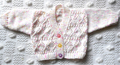 New hand-knitted white with colour spots cardigan, eyelet pattern 3 - 6 months,