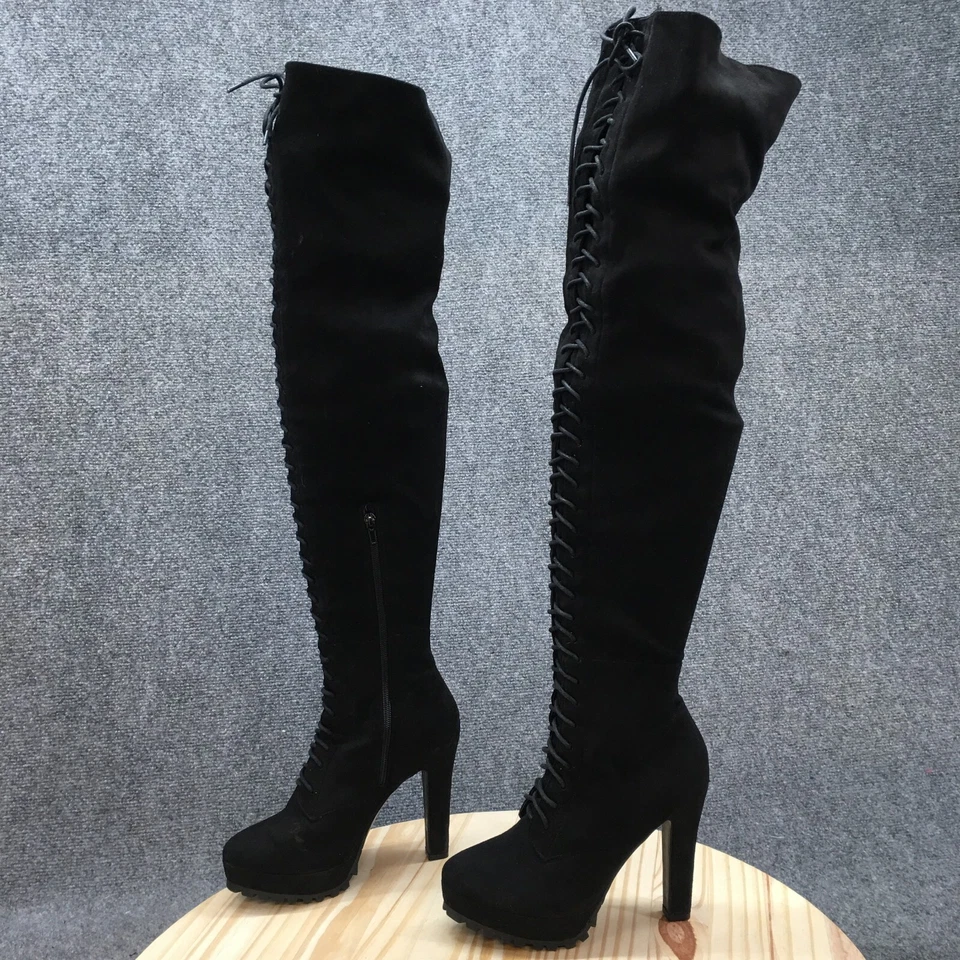 Botas Shoedazzle para mujer 7,5 Remi altas hasta la rodilla negras gamuza con cordones Foto 2 de 4