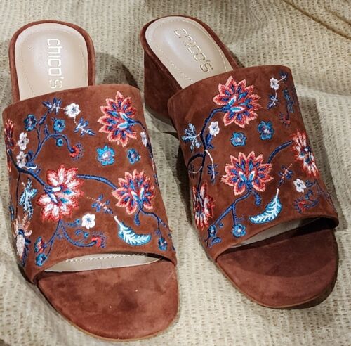 CHICO'S NWT $159 7.5 embroidered Floral Suede Women's Slides Shoes Sandals - Picture 2 of 8