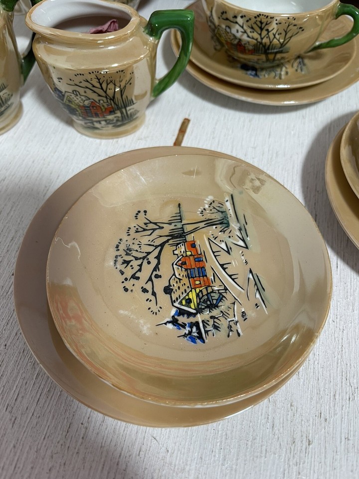 Vtg Childs Porcelain Tea Set Gold Farm Teapot Party Set Kids Hand