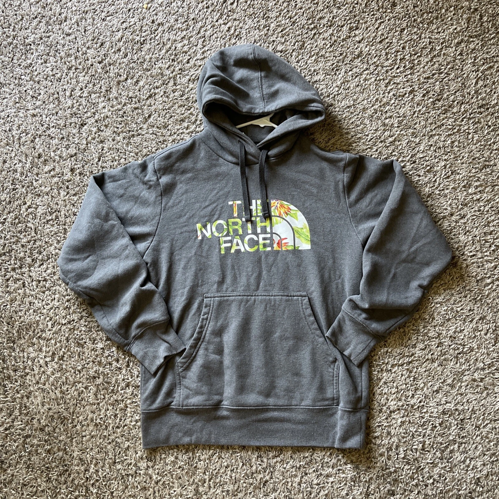 North Face Floral Logo Gray Hoodie Mens Size Medium