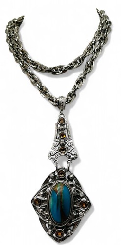 Vintage Signed Park Lane Silver Tone Faux Turquoise & Glass Rhinestone Necklace - Picture 3 of 13