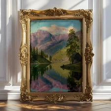 Vintage Landscape Cabin Scene | Mountain Lake | Museum Fine Print